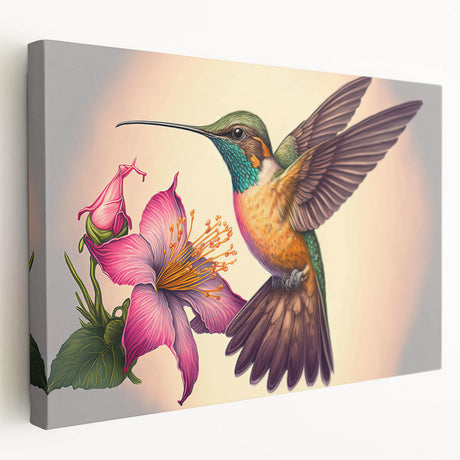 Stretched canvas wall art featuring a vibrant hummingbird design, showcasing intricate details and rich colors, ideal for enhancing home decor.