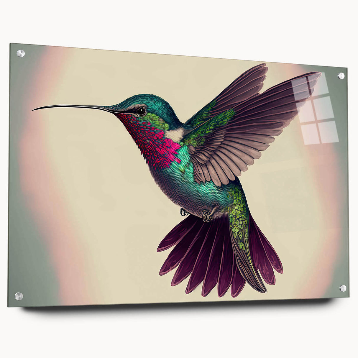 Acrylic wall art showcasing a vibrant hummingbird design, displayed in a sleek side view with visible pins, perfect for adding a colorful touch to modern decor.