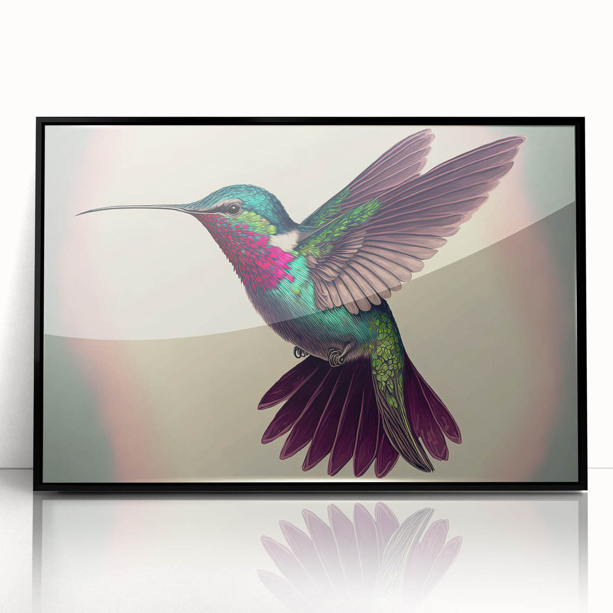 Framed wall art featuring a colorful hummingbird design on a sleek black background, showcasing vibrant details and intricate patterns, perfect for modern home decor.