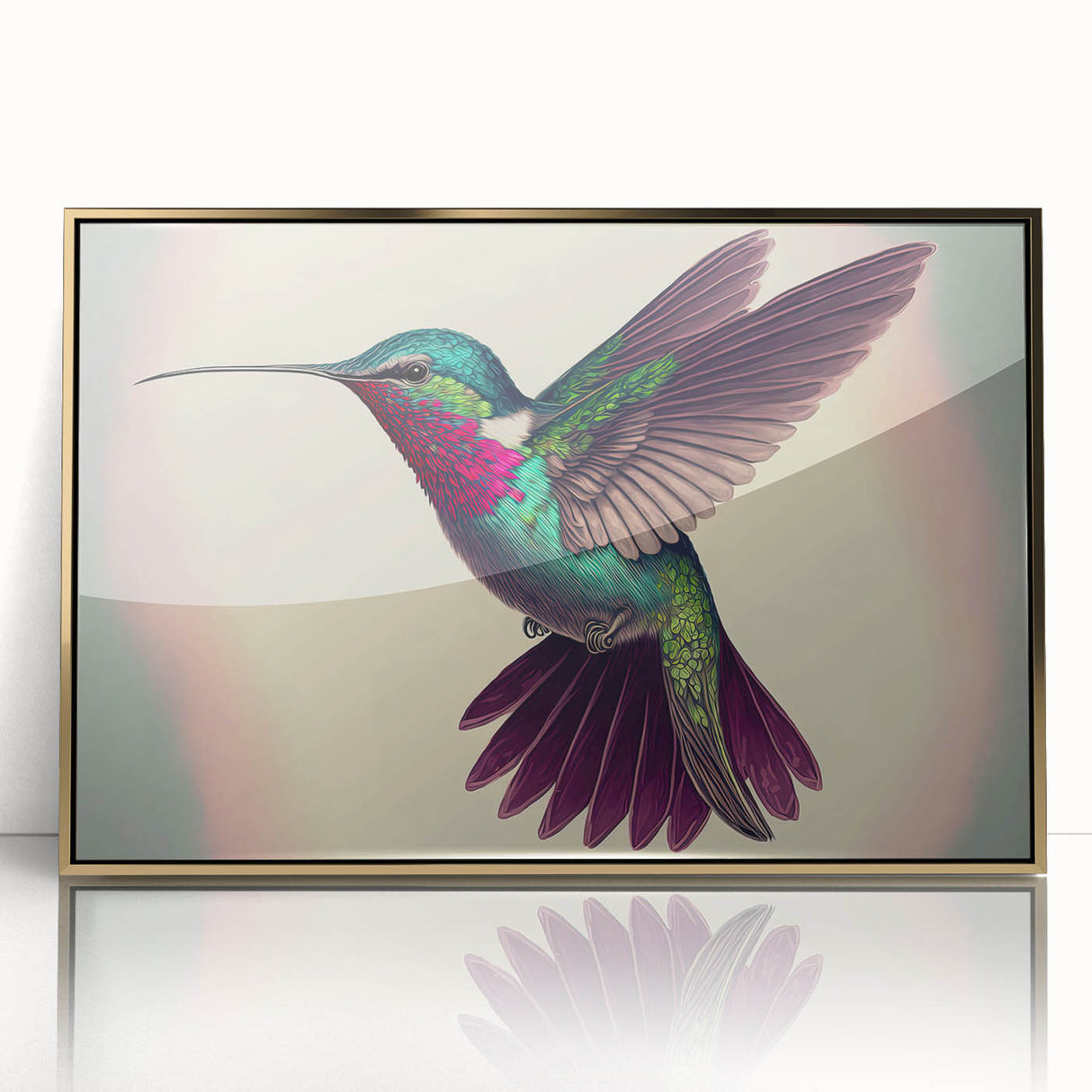 Framed acrylic wall art featuring a vibrant hummingbird design with elegant gold accents, perfect for adding a touch of nature-inspired decor to any room.