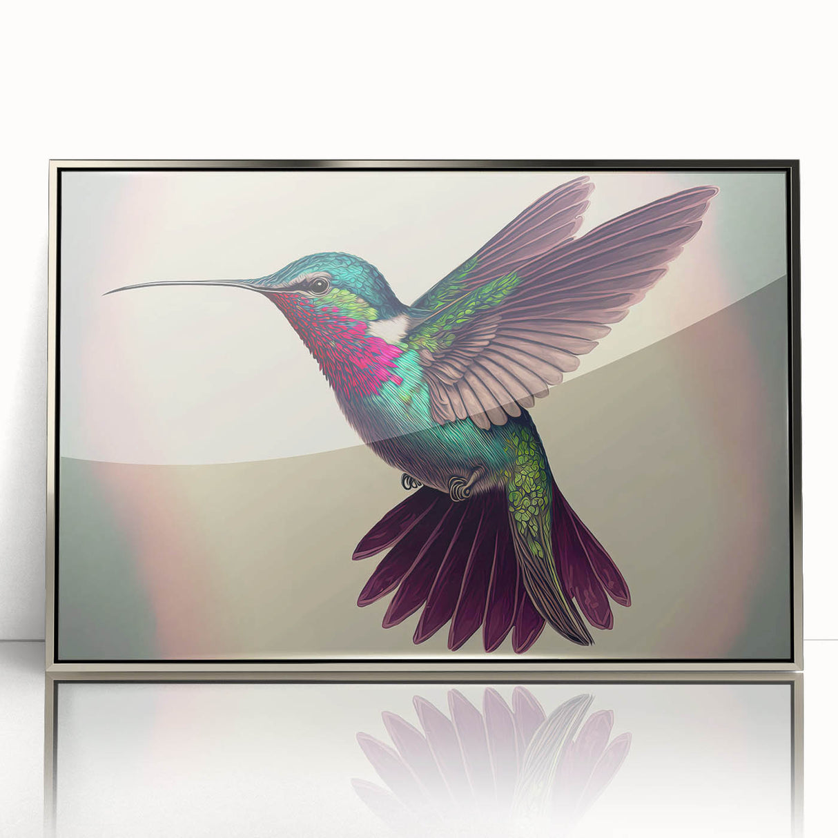 Framed wall art featuring a vibrant hummingbird design in shades of green and blue, displayed in a sleek acrylic frame with a silver finish, perfect for nature lovers.