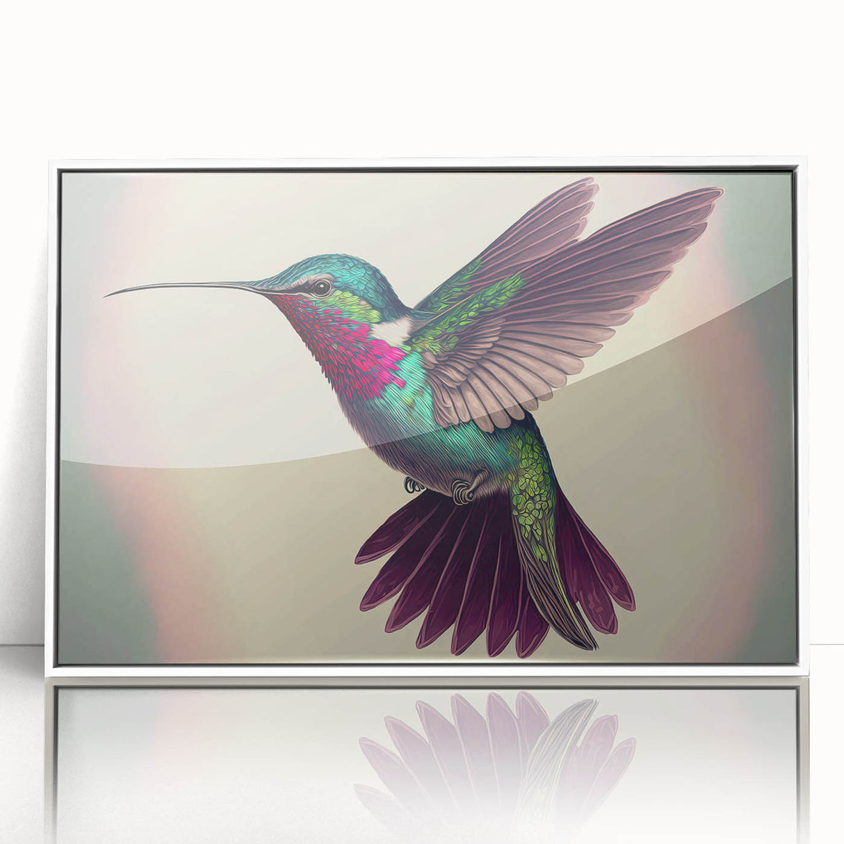 Framed wall art featuring a vibrant hummingbird design in acrylic, showcasing colorful details and a sleek white frame, perfect for enhancing modern decor.