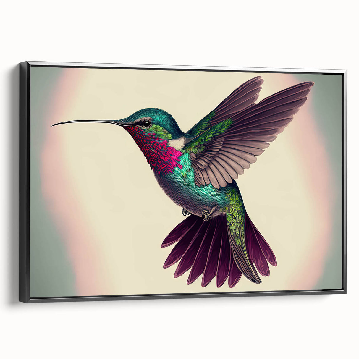 Framed wall art featuring a vibrant hummingbird design on canvas, showcasing intricate details in bright colors against a black background, perfect for nature-themed decor.