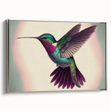 Framed wall art featuring a silver side view of a vibrant hummingbird design, showcasing intricate details and vivid colors, perfect for home decor or gift.