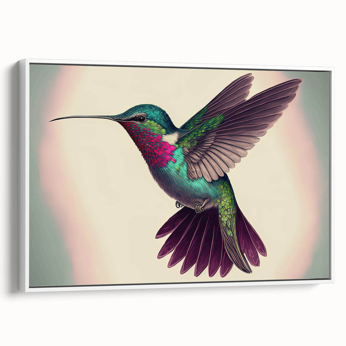 Framed wall art showcasing a vibrant hummingbird design on a white background, highlighting intricate details and colors, perfect for home decor enthusiasts.