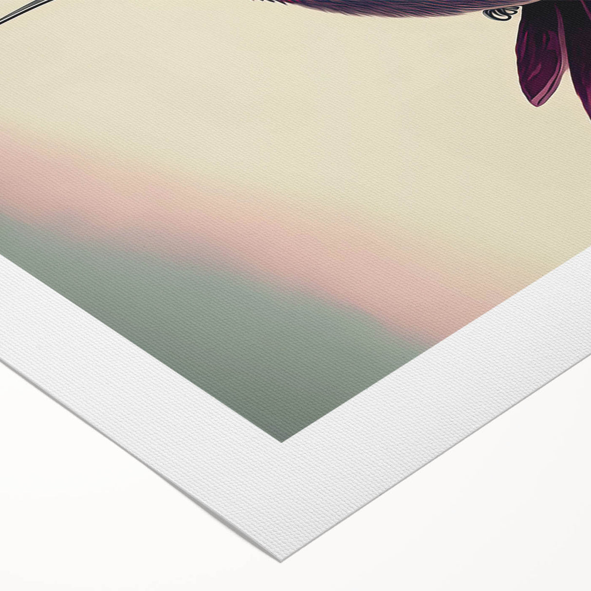 Vibrant hummingbird design on rolled canvas wall art, showcasing intricate details and rich colors, ideal for adding a touch of nature-inspired decor to any space.