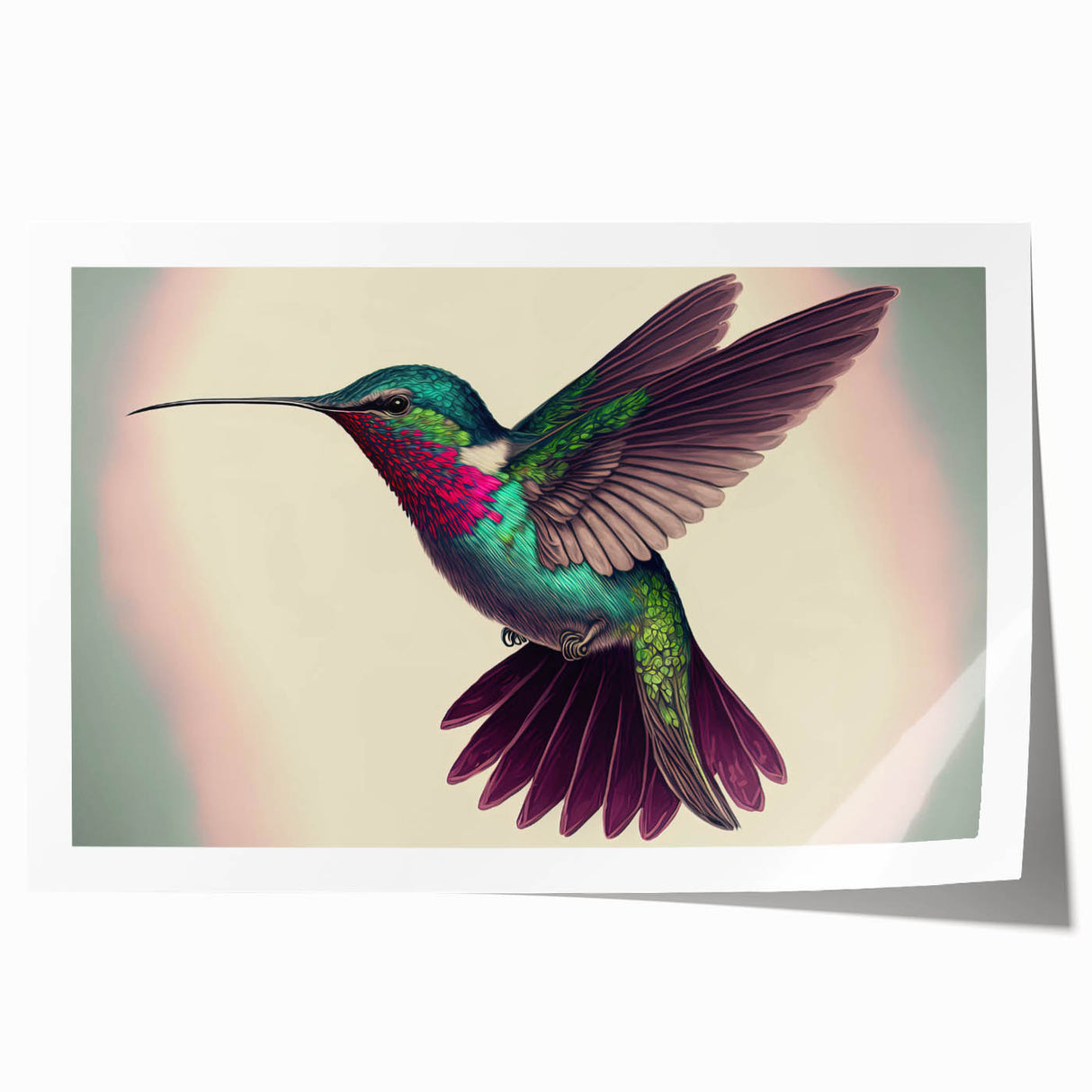 Vibrant hummingbird wall art print showcasing intricate designs in vivid colors, rolled for easy shipping and display, perfect for nature lovers' decor.