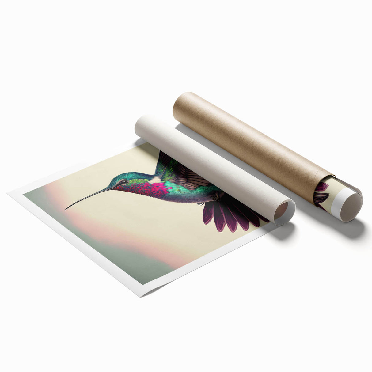 Hummingbird wall art print showcasing vibrant colors and intricate details, rolled for easy shipping. Ideal for nature lovers and home decor enthusiasts.