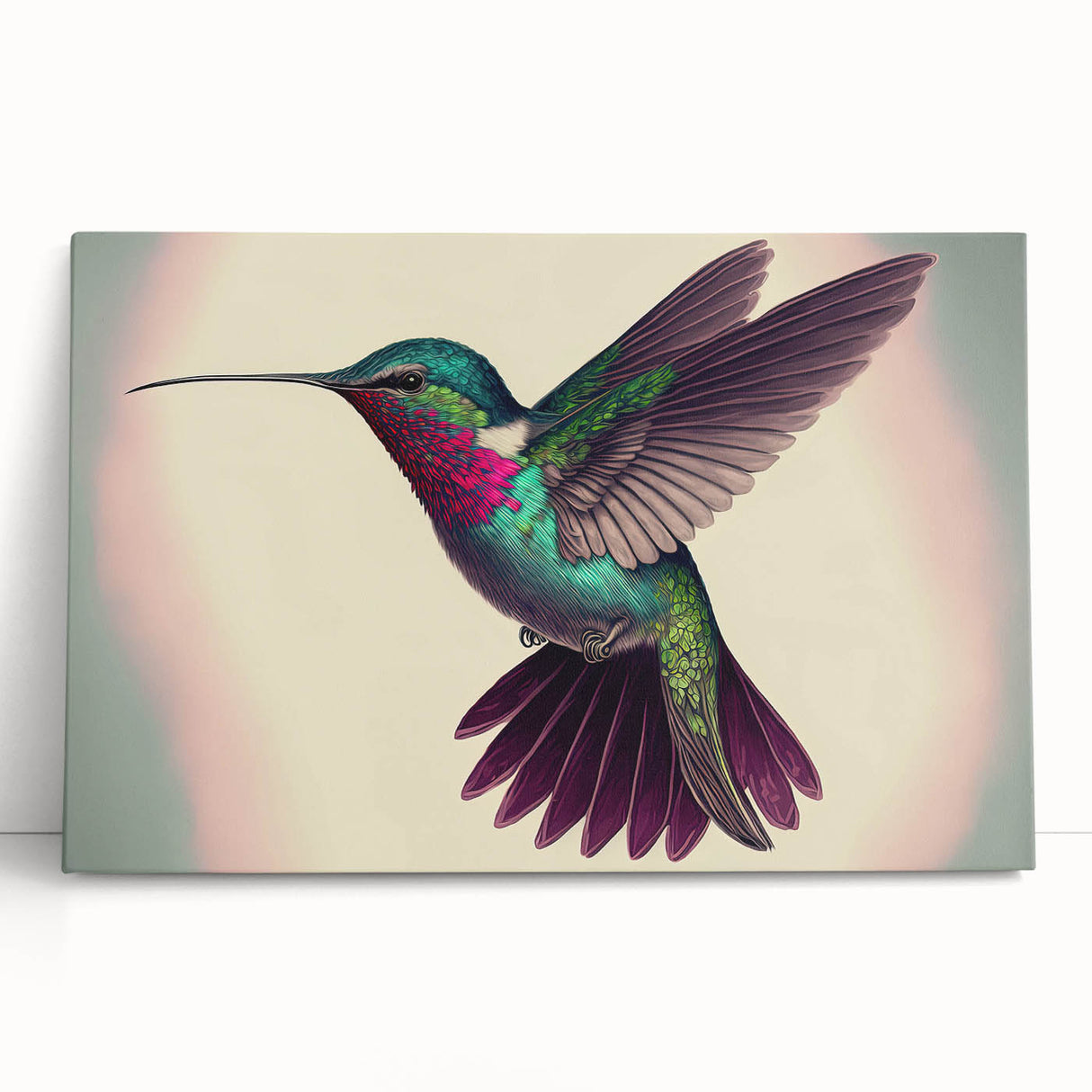 Hummingbird-themed wall art on stretched canvas, showcasing vibrant colors and intricate details, perfect for adding a nature-inspired touch to any room decor.