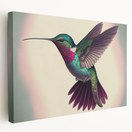 Stretched canvas wall art featuring a vibrant hummingbird design in bright colors, showcasing intricate details and a side view perspective, perfect for home decor.