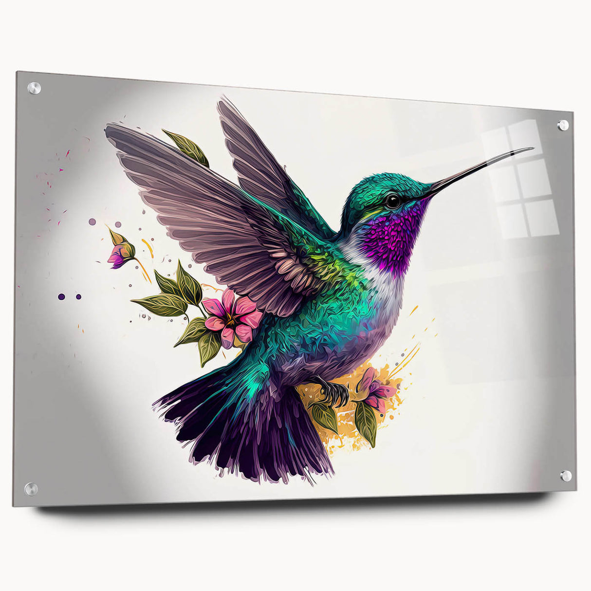 Side view of a vibrant hummingbird design acrylic wall art piece, showcasing intricate details and vivid colors, displayed with pins on a sleek background for an elegant touch.