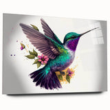 Vibrant wall art collection featuring a side view of a hummingbird design on acrylic glass, showcasing intricate colors and details, ideal for modern decor.