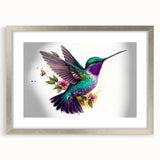 Framed wall art featuring a vibrant hummingbird design in shades of teal and gold, set against a sleek silver frame with a matte finish, ideal for home decor.
