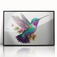 Framed wall art featuring a vibrant hummingbird design, set in a sleek black frame, showcasing colorful details and intricate patterns, perfect for nature enthusiasts.