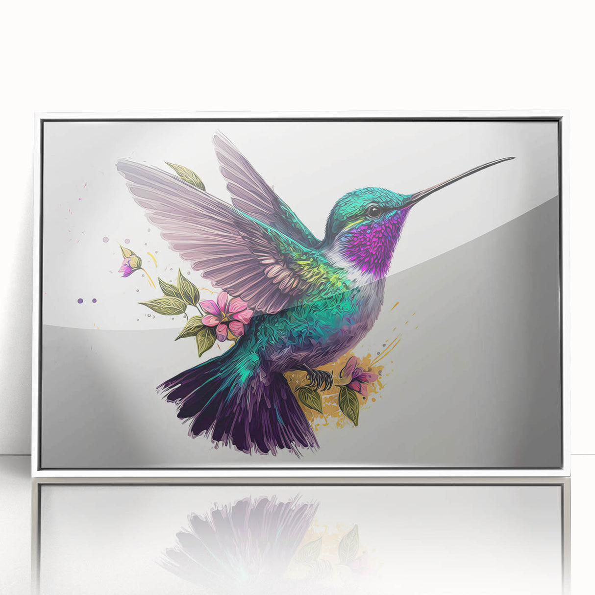 Framed acrylic wall art featuring a vibrant hummingbird design in a modern white frame, ideal for brightening up any home decor with a touch of nature.