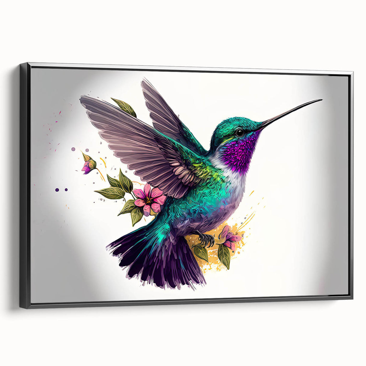 Framed canvas wall art showcasing a vibrant hummingbird design with bold colors, ideal for home decor. The black frame adds a modern touch to any space.