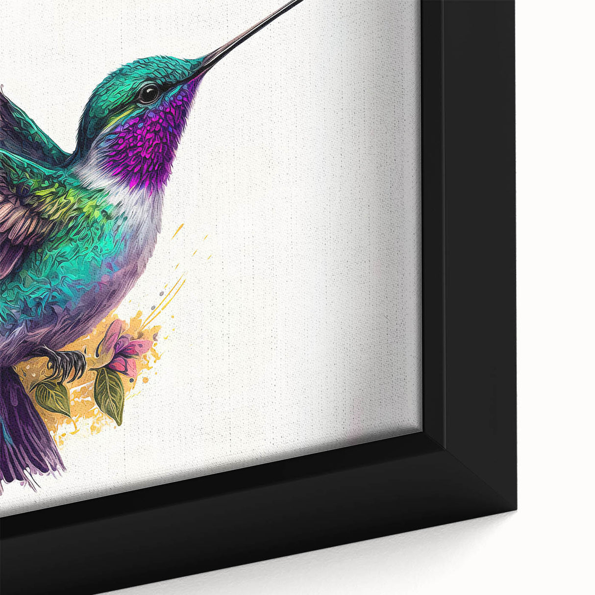 Close-up of a beautifully framed canvas wall art showcasing an intricate hummingbird design with vibrant colors, perfect for enhancing home decor and adding nature-inspired elegance.