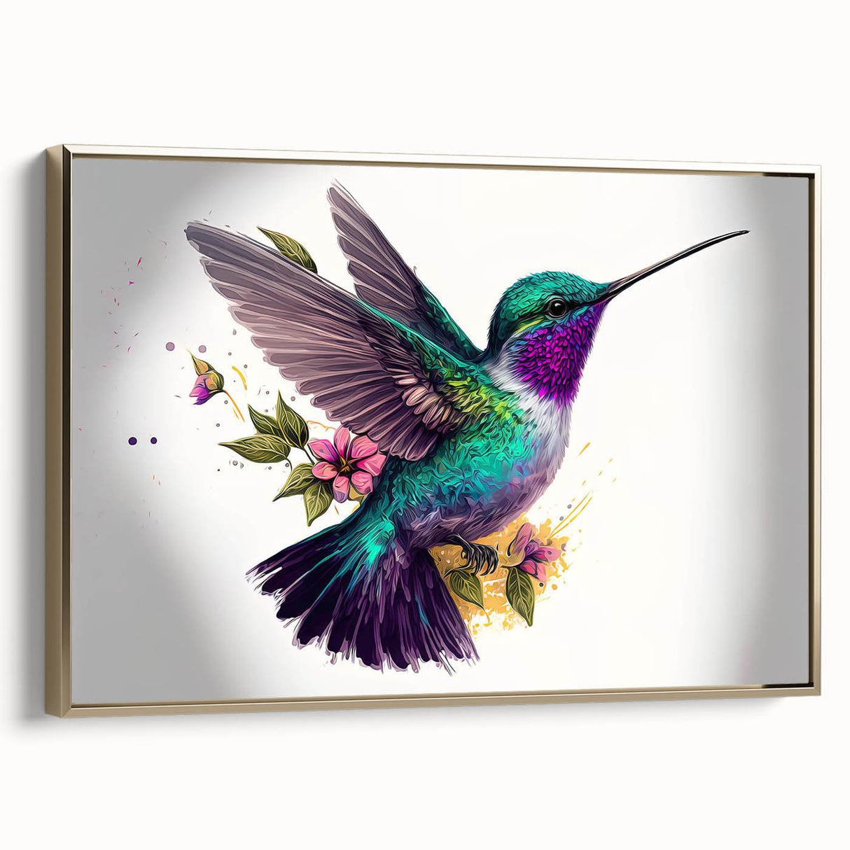 Framed canvas wall art featuring a vibrant hummingbird design in gold tones, showcasing intricate details and a sleek side view, perfect for home decor.