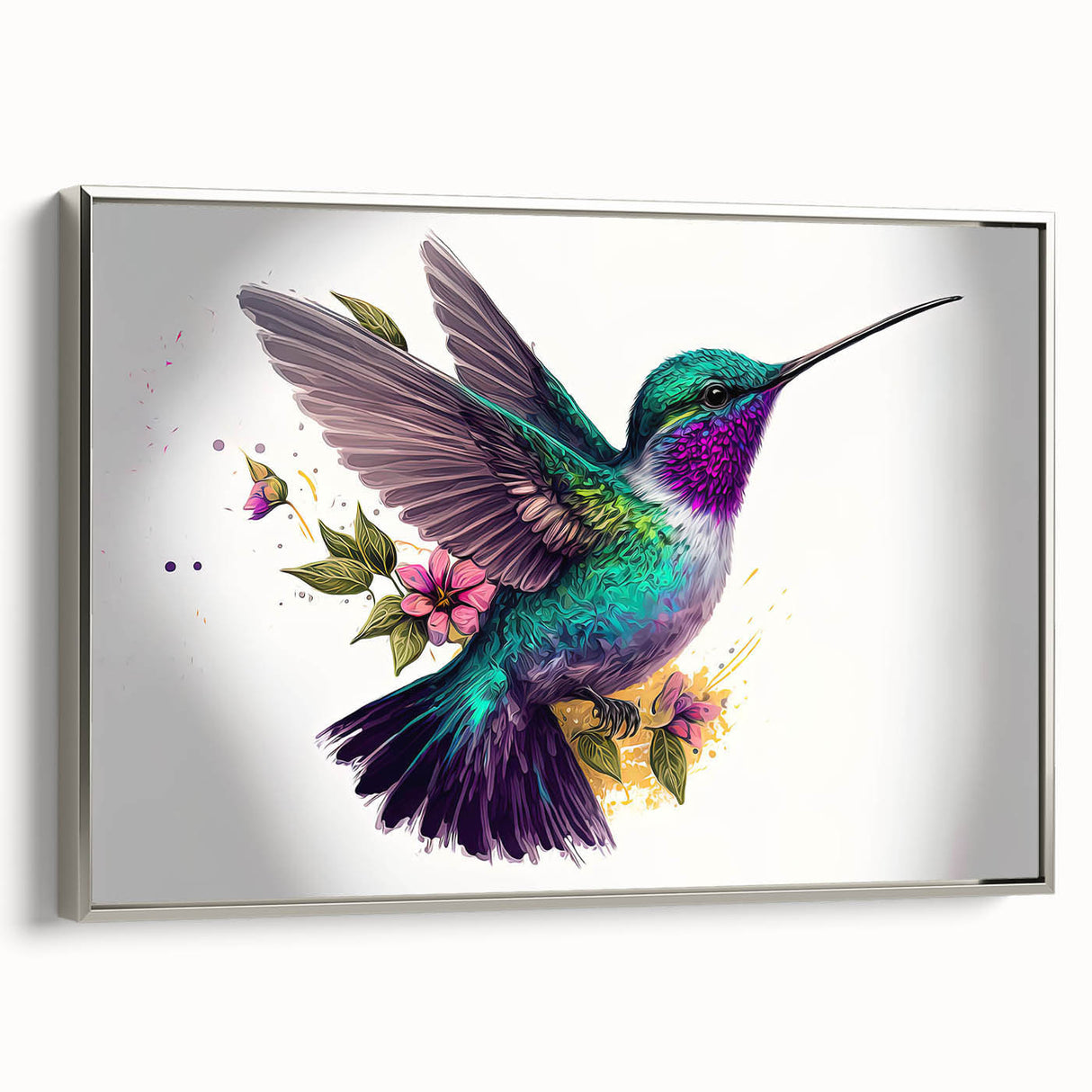 Framed hummingbird wall art collection showcasing vibrant colors and intricate details on a silver background, perfect for adding elegance to any space.