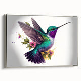 Framed hummingbird wall art collection showcasing vibrant colors and intricate details on a silver background, perfect for adding elegance to any space.