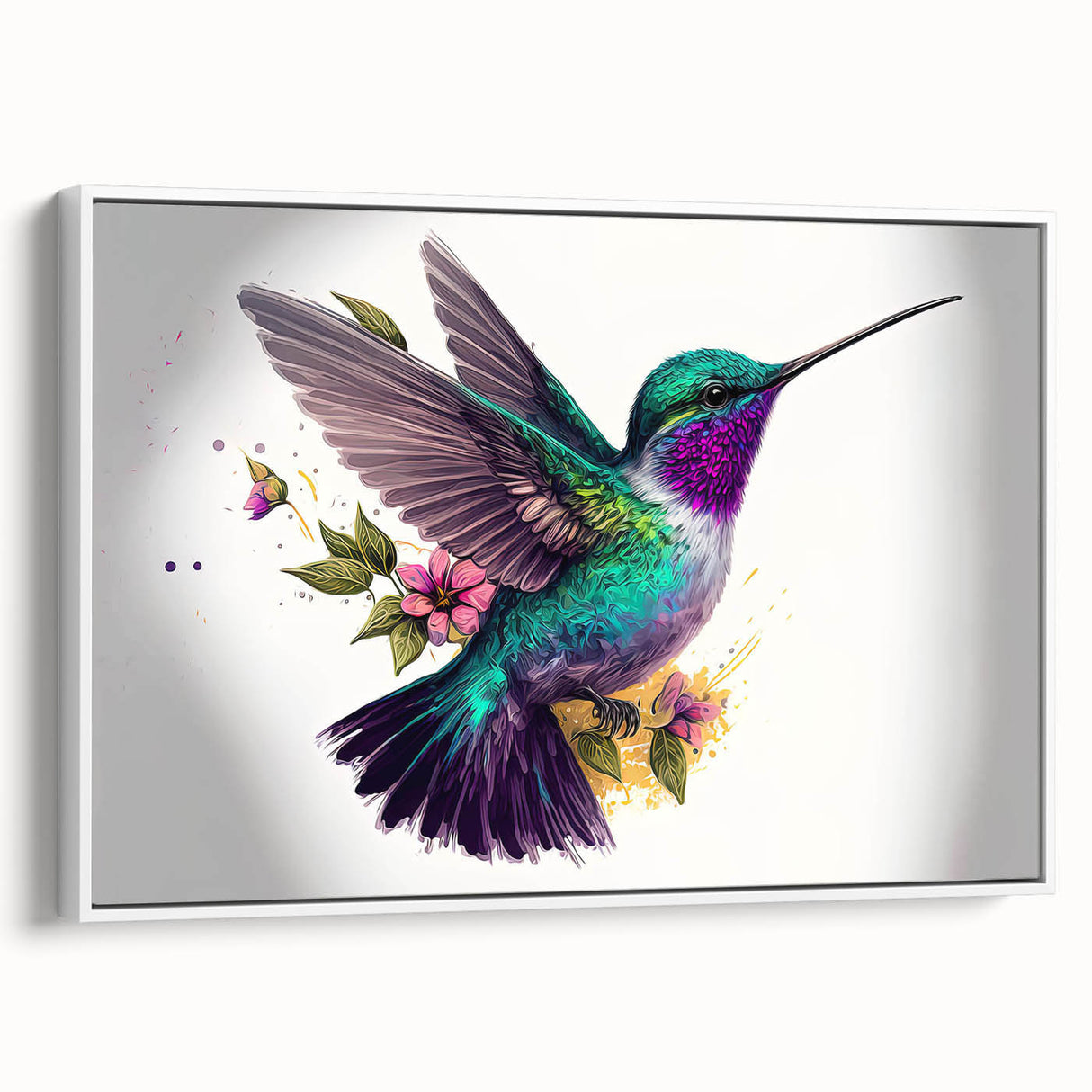 Framed canvas wall art showcasing a vibrant hummingbird design with colorful feathers, set against a white background, perfect for adding elegance to home decor.