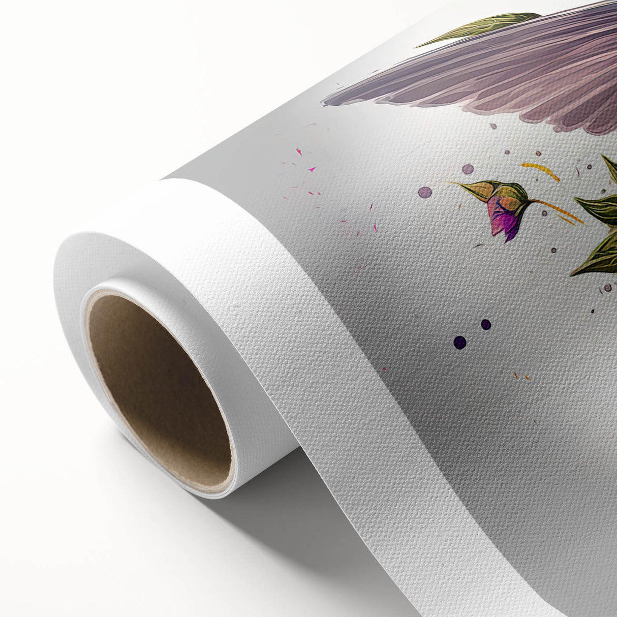 Vibrant rolled canvas showcasing a detailed hummingbird design, perfect for wall art collection, featuring rich colors and intricate patterns, ideal for nature lovers.