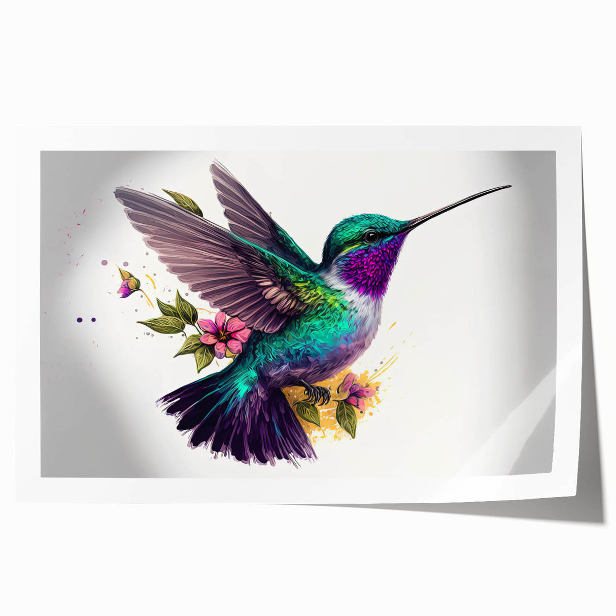 Vibrant rolled print featuring a detailed hummingbird design in a colorful floral setting, ideal for home decor or art enthusiasts, presented in a protective tube.