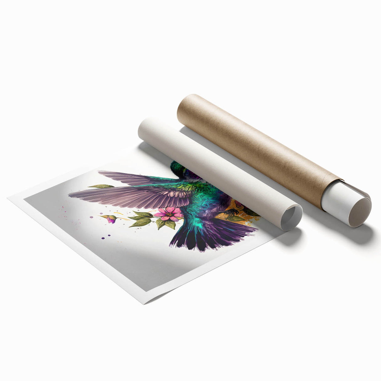 Vibrant rolled print of a hummingbird design showcasing intricate details and bright colors, ideal for wall art decor, elegantly packaged in a protective tube.