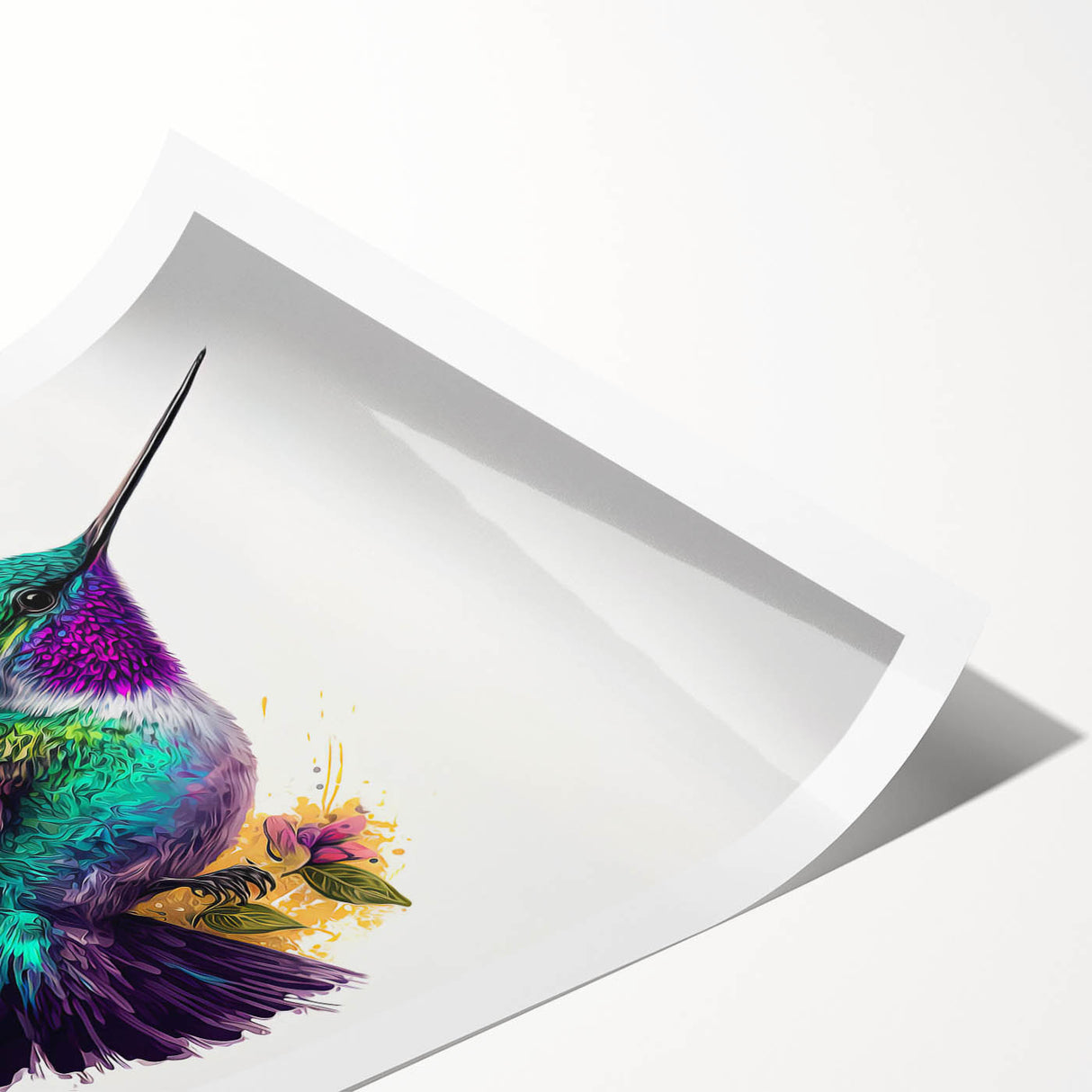 Colorful hummingbird wall art print featuring vibrant blues, greens, and pinks, showcasing intricate details of the bird's feathers, perfect for home décor. Rolled and ready for framing, this design adds a whimsical touch to any space.