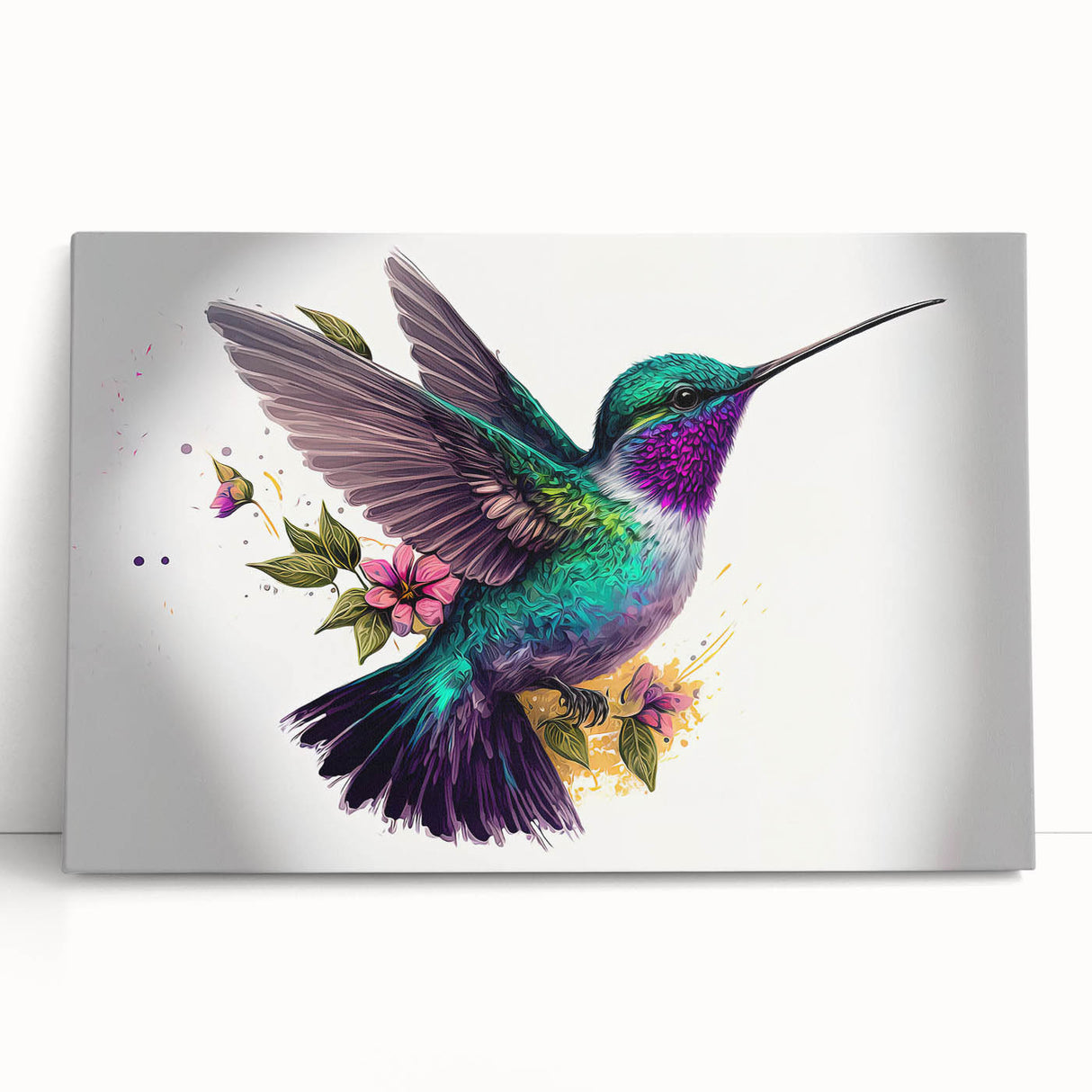Colorful hummingbird wall art design printed on stretched canvas, showcasing vibrant hues and intricate details. Perfect for enhancing home decor with a nature theme.