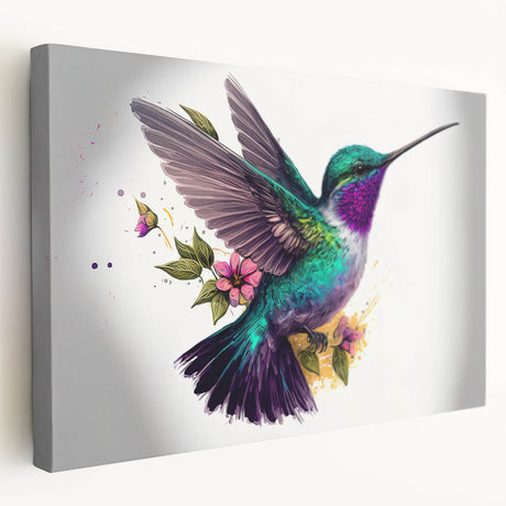 Stretched canvas wall art featuring a vibrant hummingbird design with intricate details and rich colors, ideal for adding a nature-inspired touch to home decor.