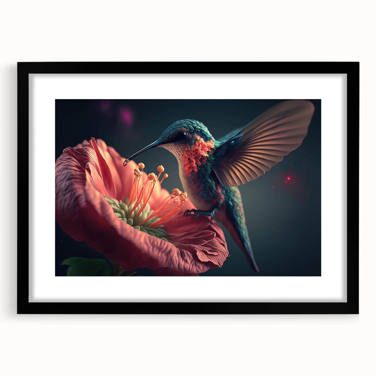 Framed wall art featuring colorful hummingbird design in a black frame with a mat, perfect for enhancing any living space or office decor. The vibrant colors and intricate details make it a standout piece for nature lovers and art enthusiasts alike.