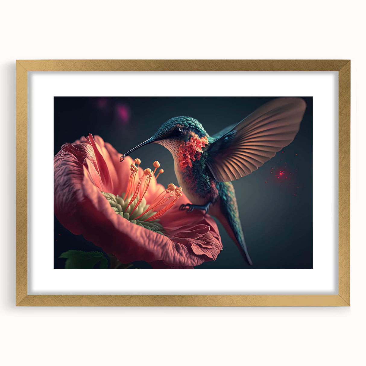 Elegant gold-framed wall art featuring a vibrant hummingbird design with intricate details, showcased with a white mat for a polished look, perfect for home decor.