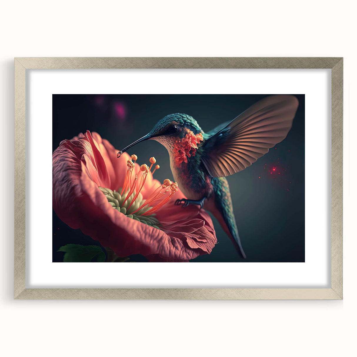 Framed wall art featuring a vibrant hummingbird design, elegantly matted in silver, showcasing intricate details and vivid colors, perfect for enhancing any decor.