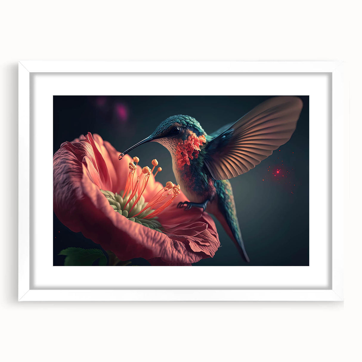 Framed wall art collection showcasing a vibrant hummingbird design on a white mat, perfect for enhancing home decor with nature-inspired elegance.