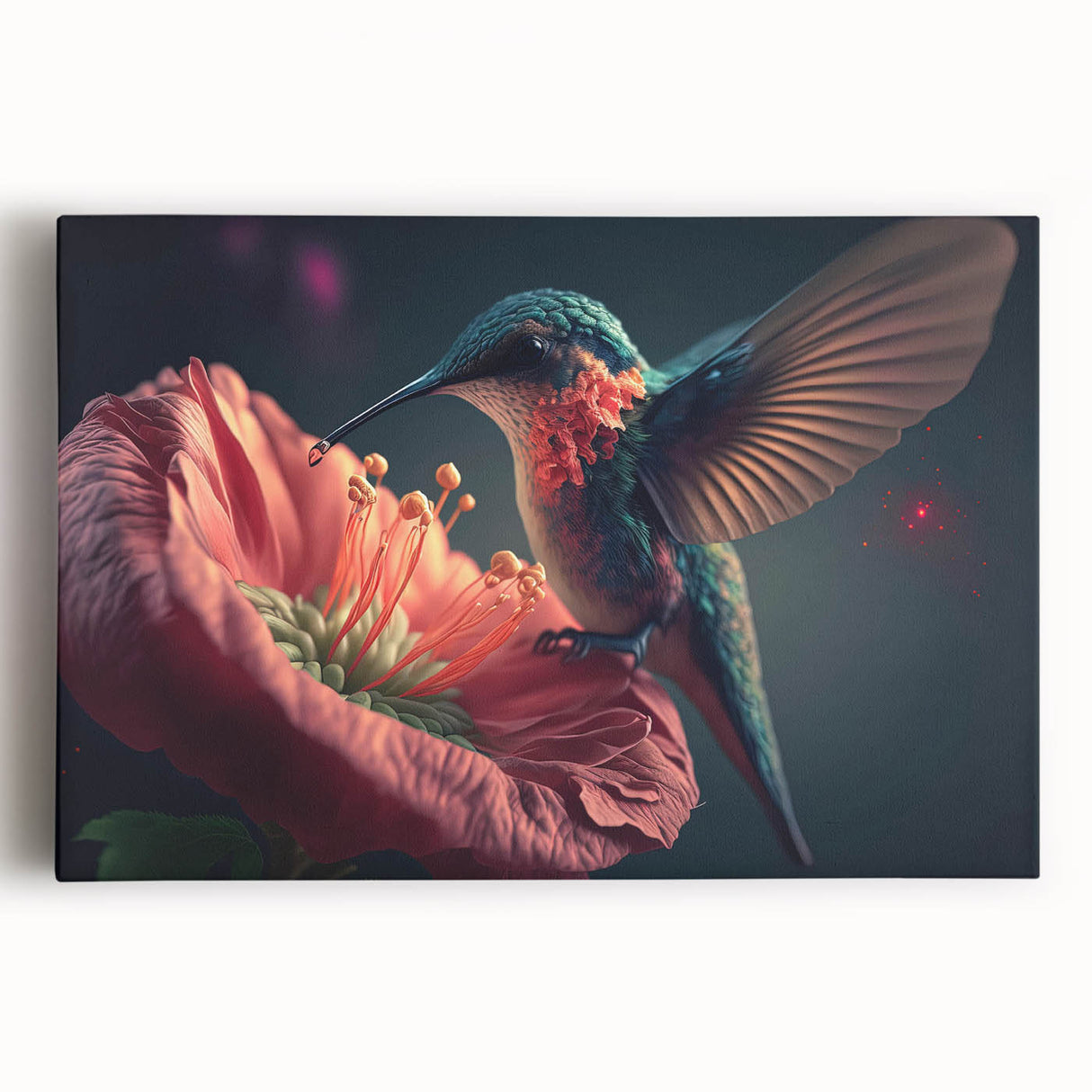 Vibrant hummingbird wall art design on stretched canvas, showcasing intricate details and rich colors, perfect for adding a lively touch to any room decor.