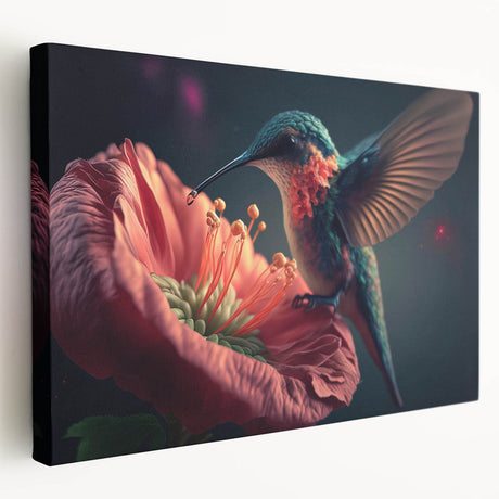 Colorful hummingbird wall art on stretched canvas, showcasing intricate design details and vibrant hues, ideal for enhancing home decor in any setting.