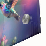 Vibrant close-up of a hummingbird wall art design printed on acrylic glass, showcasing intricate details and rich colors, ideal for home decor enthusiasts.