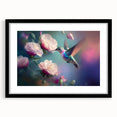 Hummingbird-themed wall art collection framed in black with a mat, showcasing vibrant colors and intricate details, perfect for nature lovers' decor.
