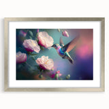 Hummingbird-themed wall art collection featuring a silver frame and mat, showcasing vibrant colors and intricate details, ideal for modern home decor.