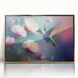 Framed wall art featuring a vibrant hummingbird design with gold accents, displayed in an elegant acrylic frame, ideal for enhancing home decor.