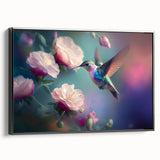 Framed wall art featuring a vibrant hummingbird design on canvas, displayed against a sleek black frame, showcasing colorful details and artistic flair for home decor.