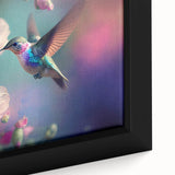 Close-up of a vibrant framed canvas featuring a detailed hummingbird design, showcasing intricate colors and textures, perfect for enhancing any wall decor.