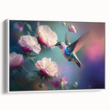 Framed wall art collection featuring vibrant hummingbird designs on a textured canvas, displayed in a modern white frame, ideal for nature-inspired decor.