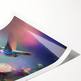 Colorful hummingbird wall art print showcasing vibrant shades of green, blue, and purple, rolled and ready for framing, perfect for nature-inspired decor.