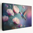 Stretched canvas wall art showcasing a vibrant hummingbird design, featuring rich colors and intricate details, perfect for brightening any living space.