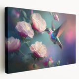 Stretched canvas wall art showcasing a vibrant hummingbird design, featuring rich colors and intricate details, perfect for brightening any living space.