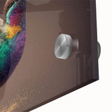 Close-up of a vibrant hummingbird design on acrylic glass wall art, showcasing intricate details and bright colors, perfect for enhancing modern home decor.