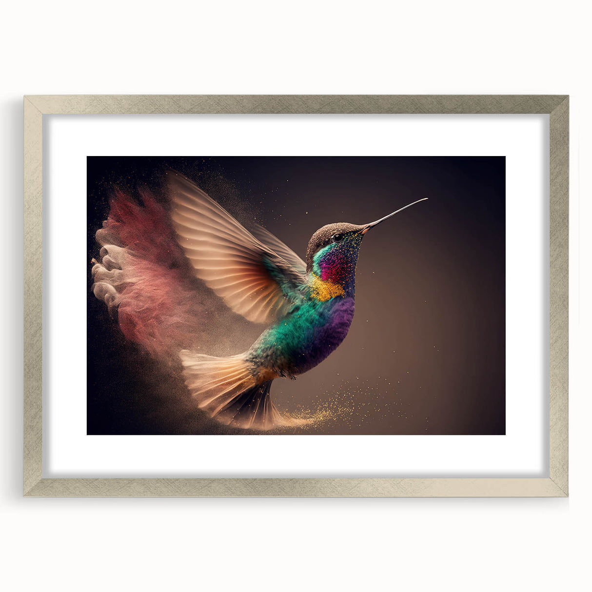 Hummingbird-themed wall art collection in a silver frame with mat, showcasing vibrant colors and intricate design details, perfect for enhancing home decor.