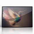 Framed wall art featuring a vibrant hummingbird design in acrylic, set against a sleek black background, perfect for adding a colorful touch to home decor.